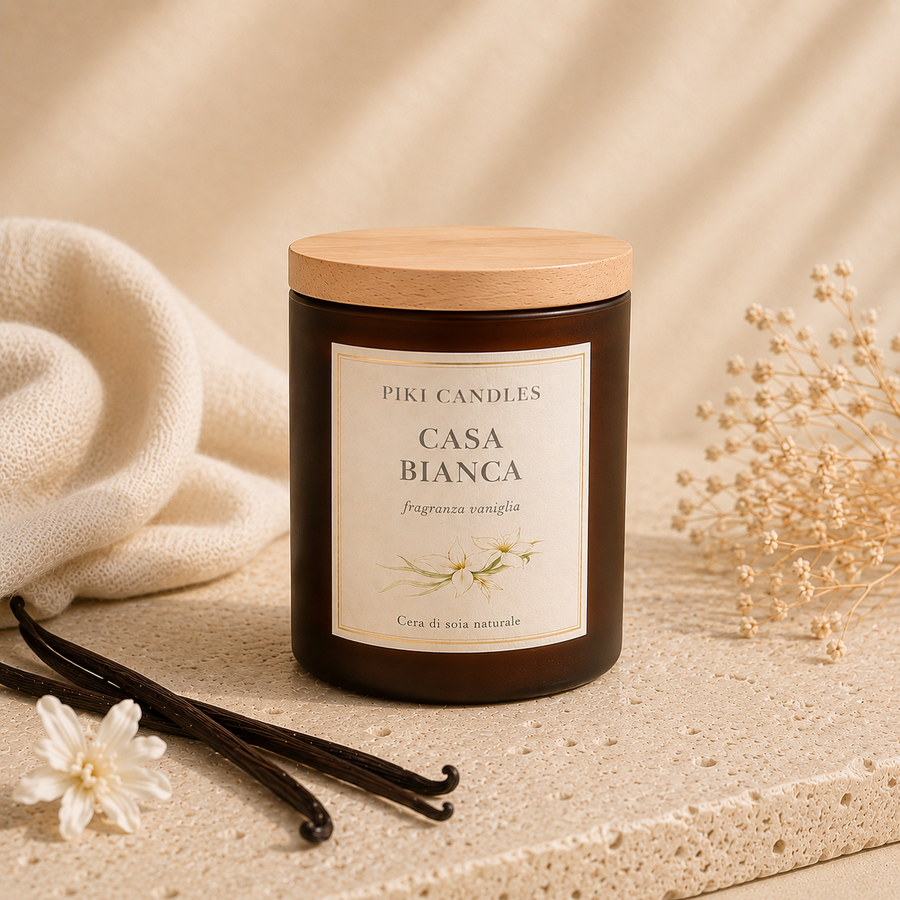 Candela profumata Casa Bianca alla vaniglia Piki Candles, barattolo ambrato con coperchio in legno, baccelli e fiori di vaniglia